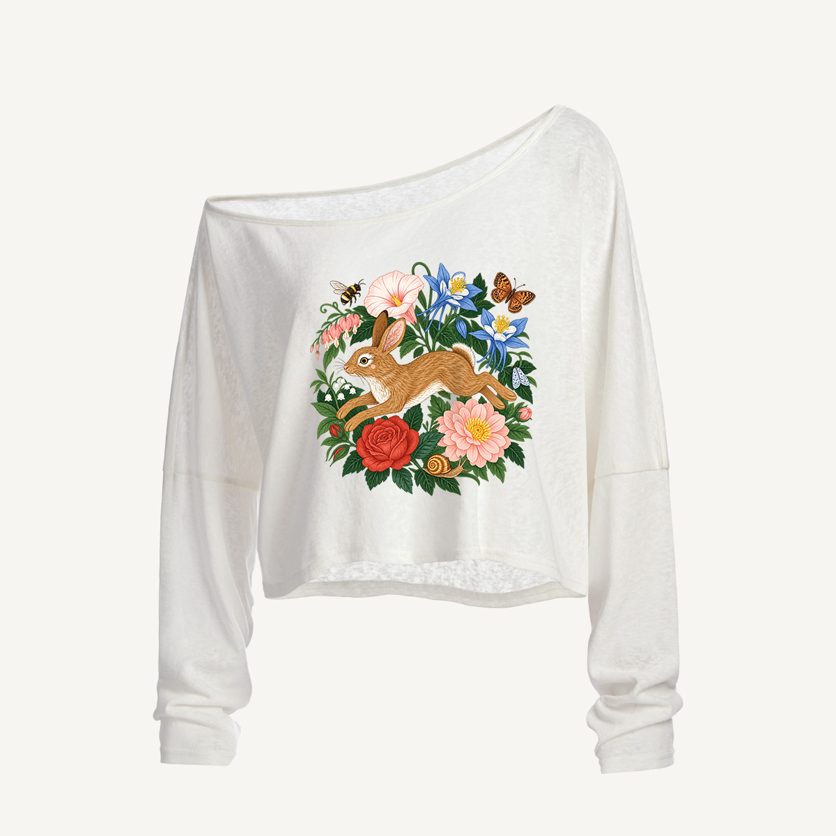 Wild Garden Leaping Bunny Long Sleeve Off Shoulder T-shirt