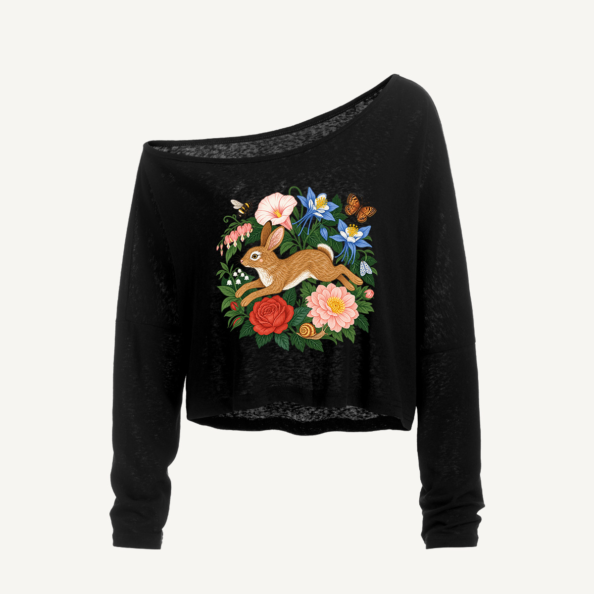 Wild Garden Leaping Bunny Long Sleeve Off Shoulder T-shirt