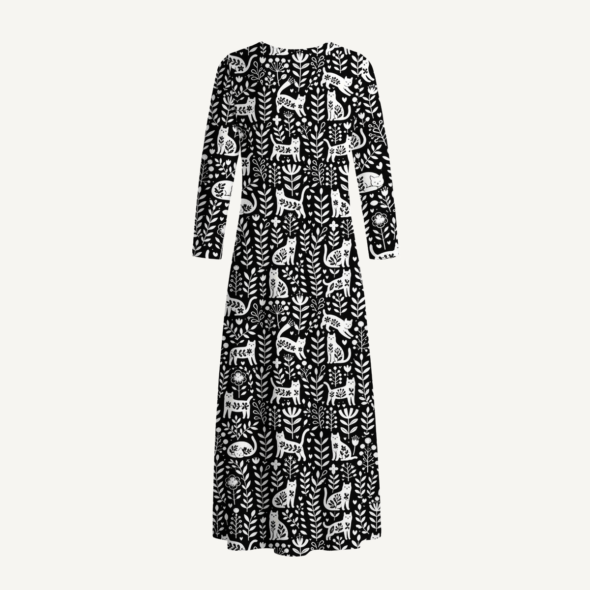 Floral Cats & Botanical Leaves Print Soft-Touch Stretch Knit Long Sleeve Maxi Dress with Pockets