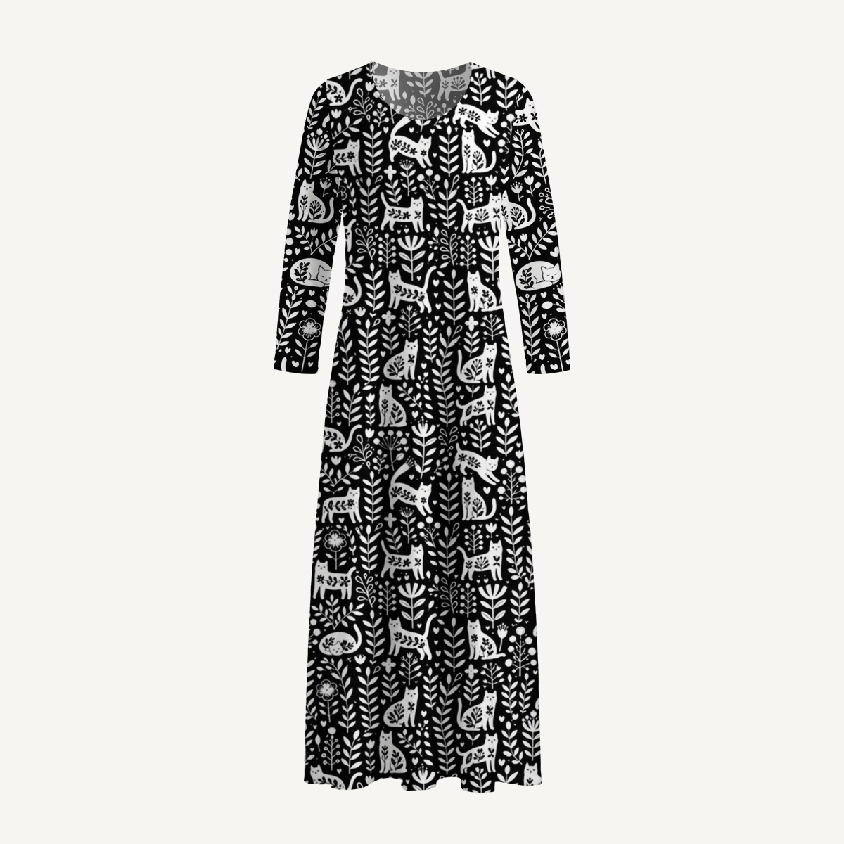 Floral Cats & Botanical Leaves Print Soft-Touch Stretch Knit Long Sleeve Maxi Dress with Pockets