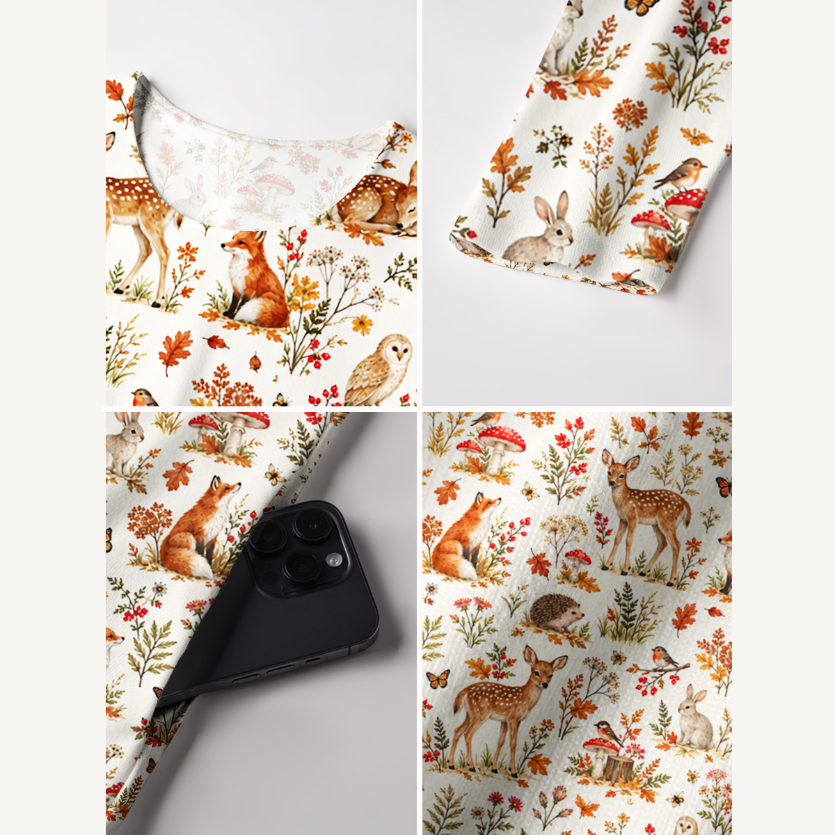 Autumn Woodland Animals Print Soft-Touch Stretch Knit Long Sleeve Maxi Dress with Pockets