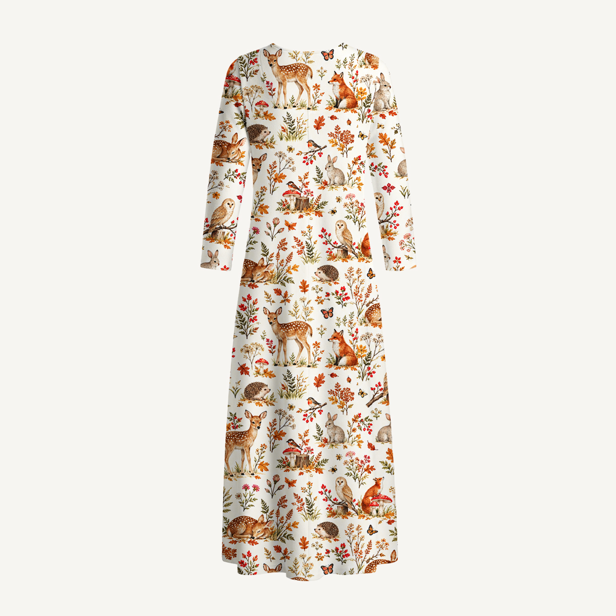 Autumn Woodland Animals Print Soft-Touch Stretch Knit Long Sleeve Maxi Dress with Pockets