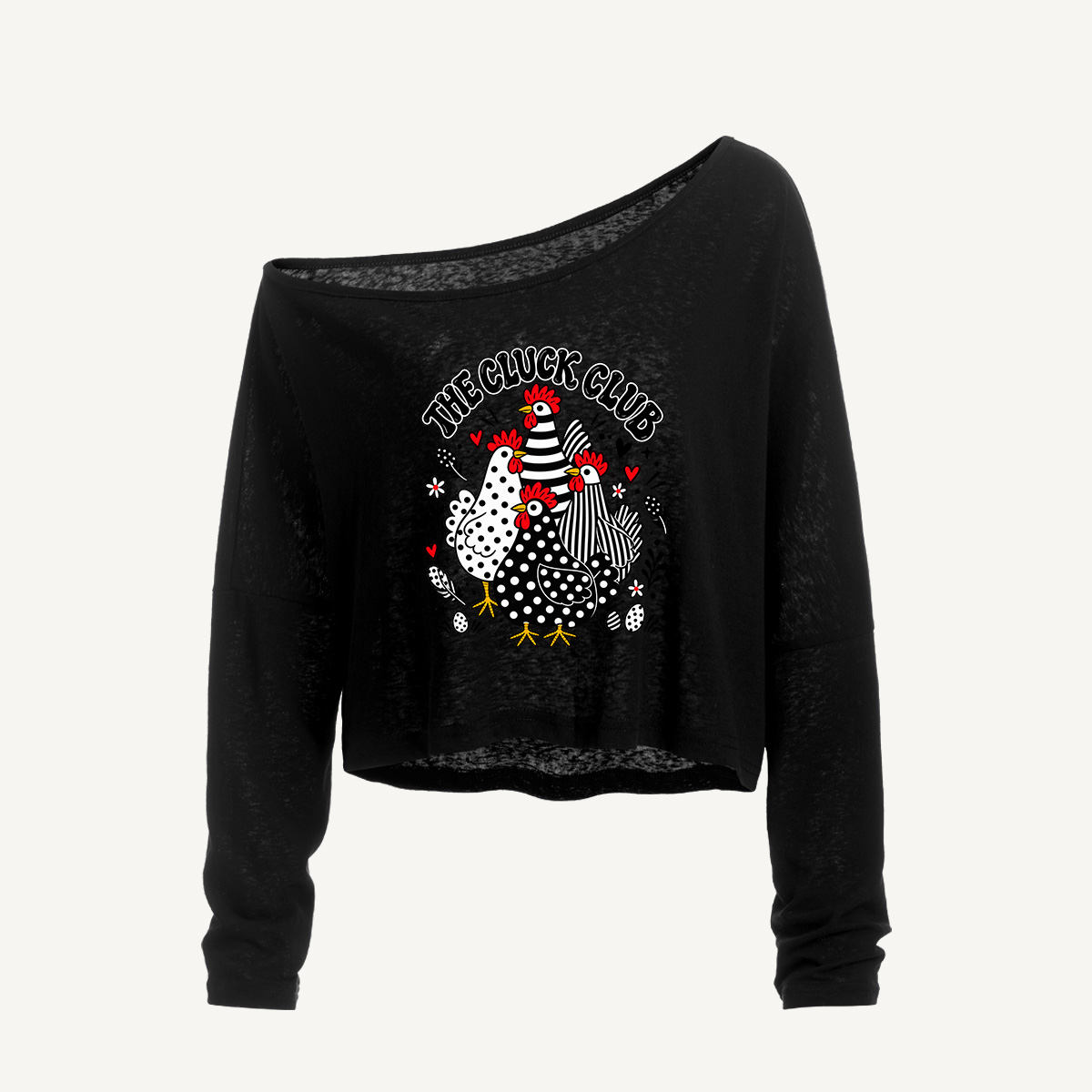 Monochrome Folk Art Hens Long Sleeve Off Shoulder T-shirt