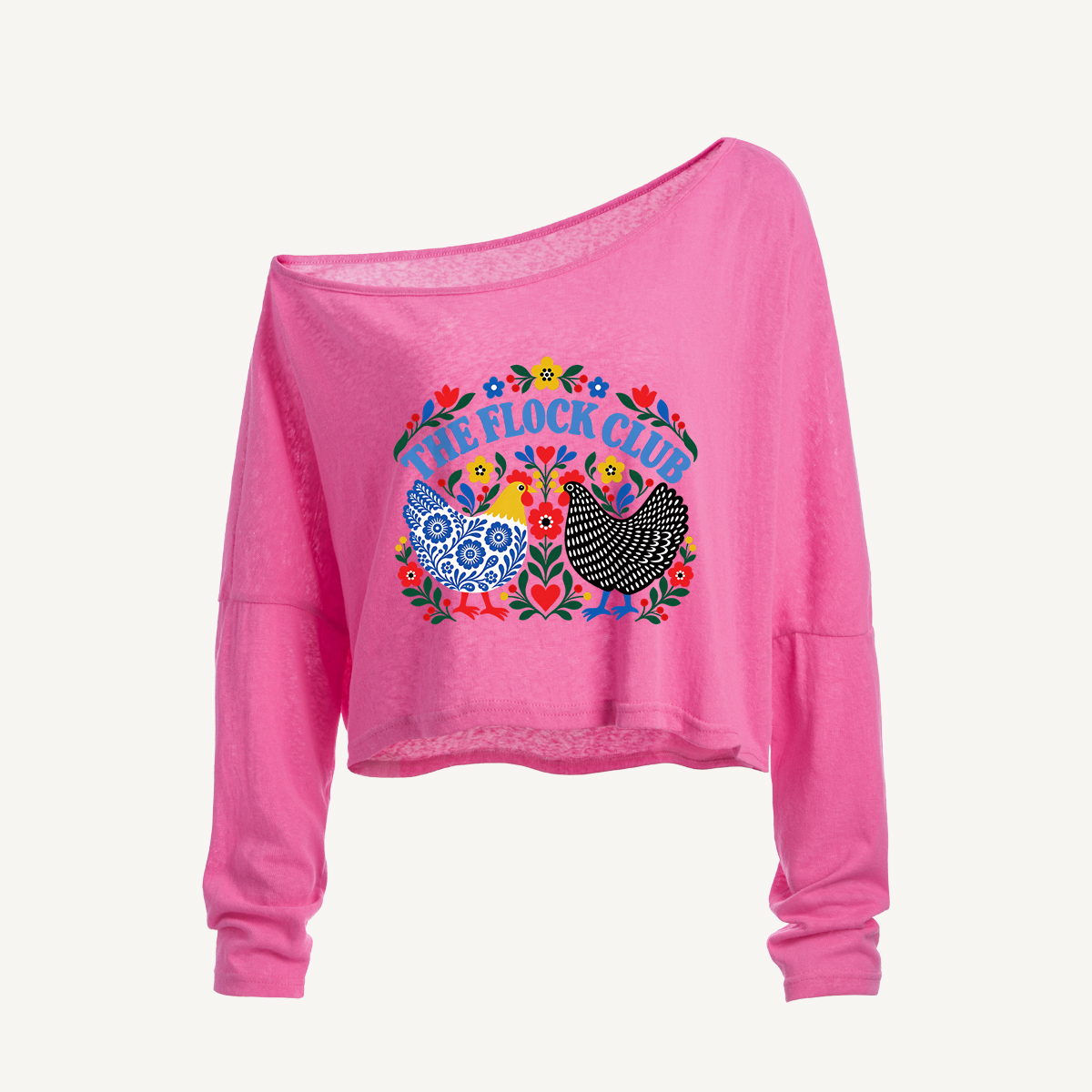Blue Willow Folk Hens Long Sleeve Off Shoulder T-shirt