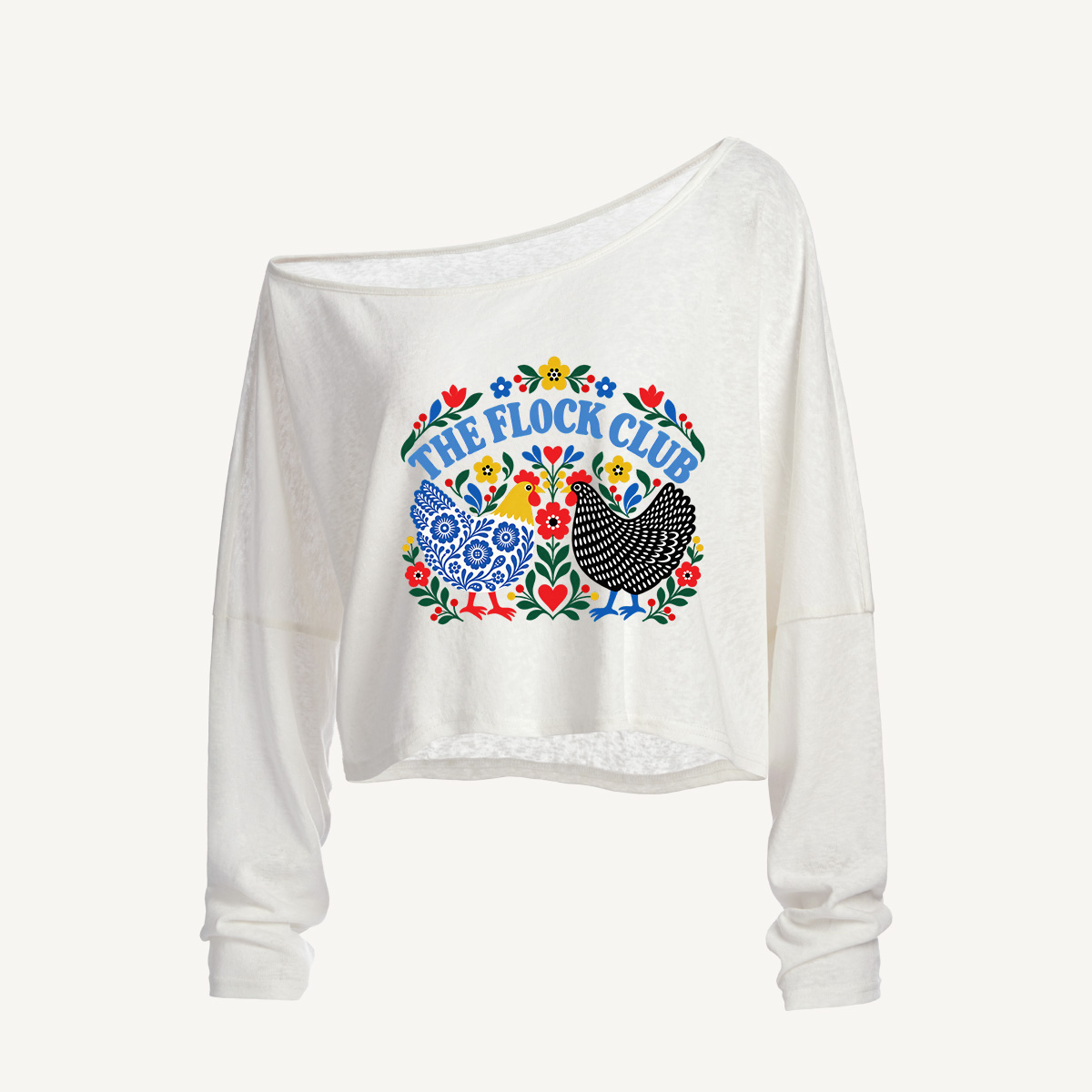 Blue Willow Folk Hens Long Sleeve Off Shoulder T-shirt