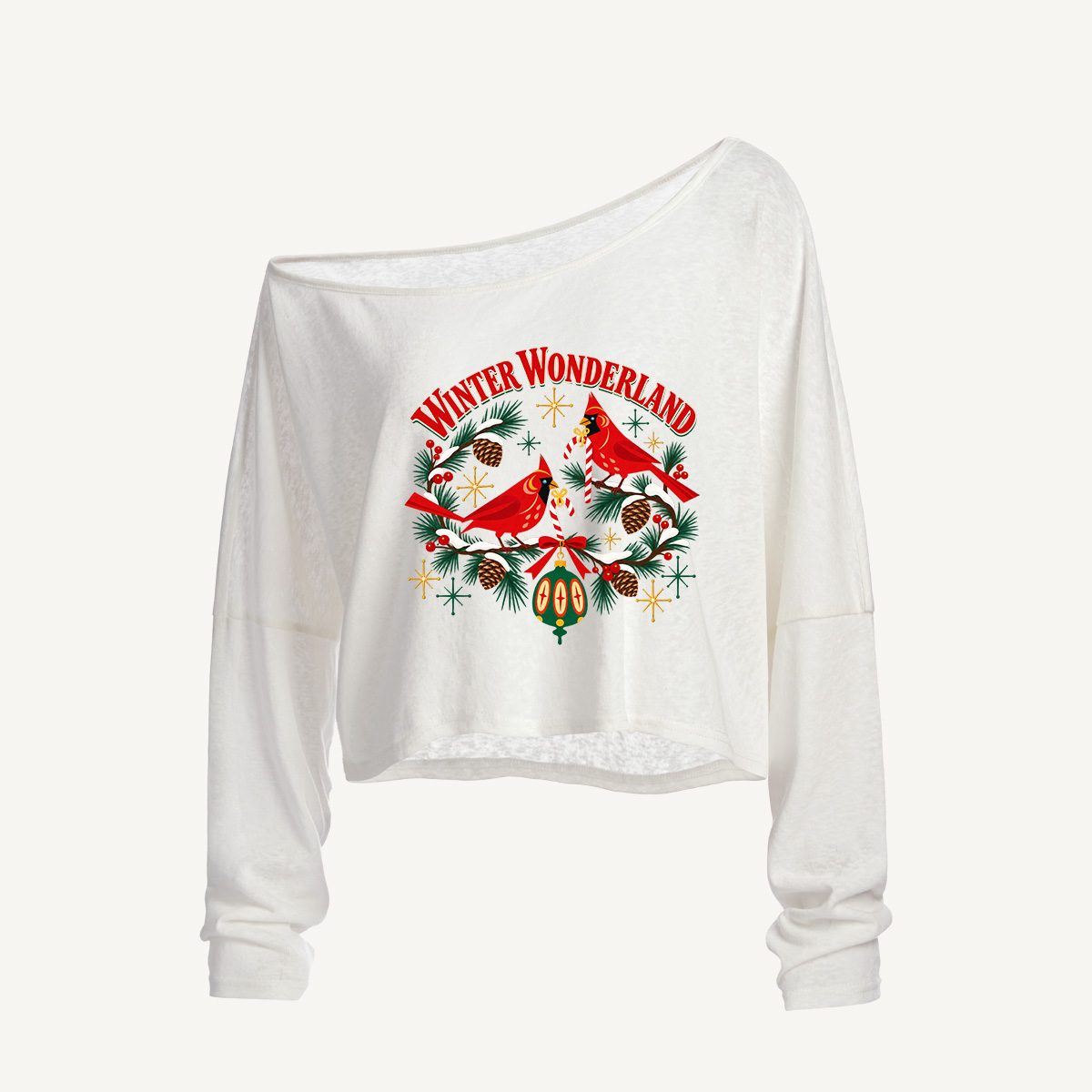 Winter Wonderland Cardinal Emblem Long Sleeve Off Shoulder T-shirt
