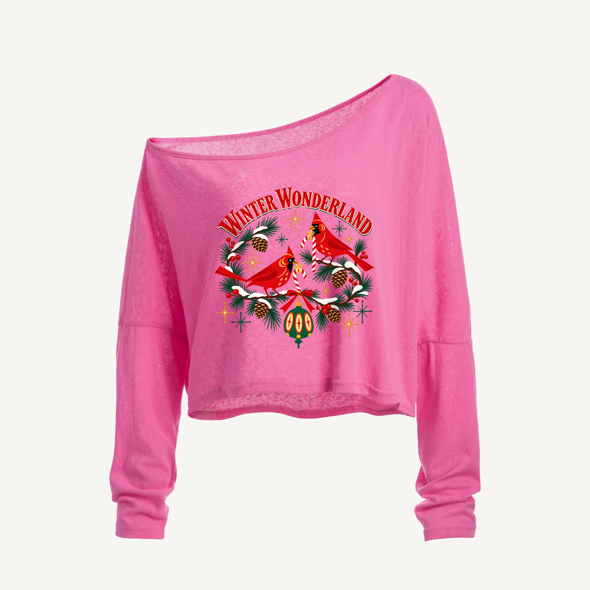 Winter Wonderland Cardinal Emblem Long Sleeve Off Shoulder T-shirt