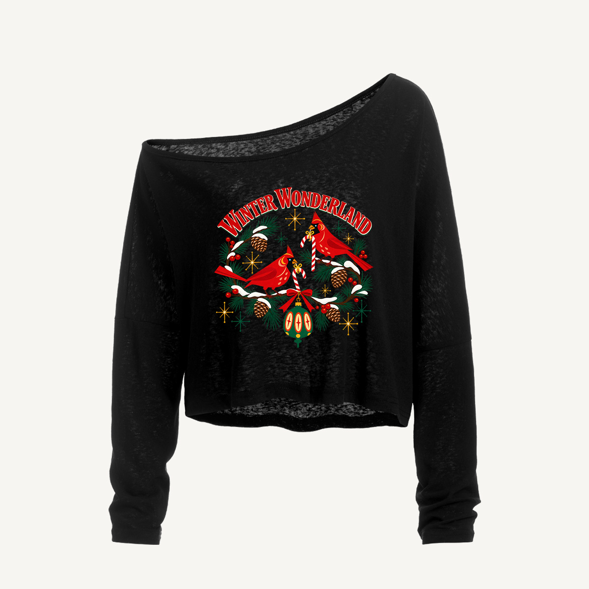 Winter Wonderland Cardinal Emblem Long Sleeve Off Shoulder T-shirt