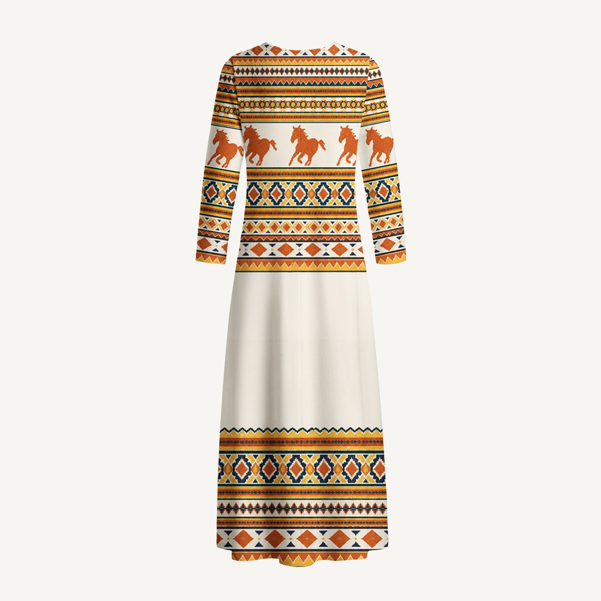 Running Horses Geometric Pattern Knit Long Sleeve Maxi Dress with Pockets