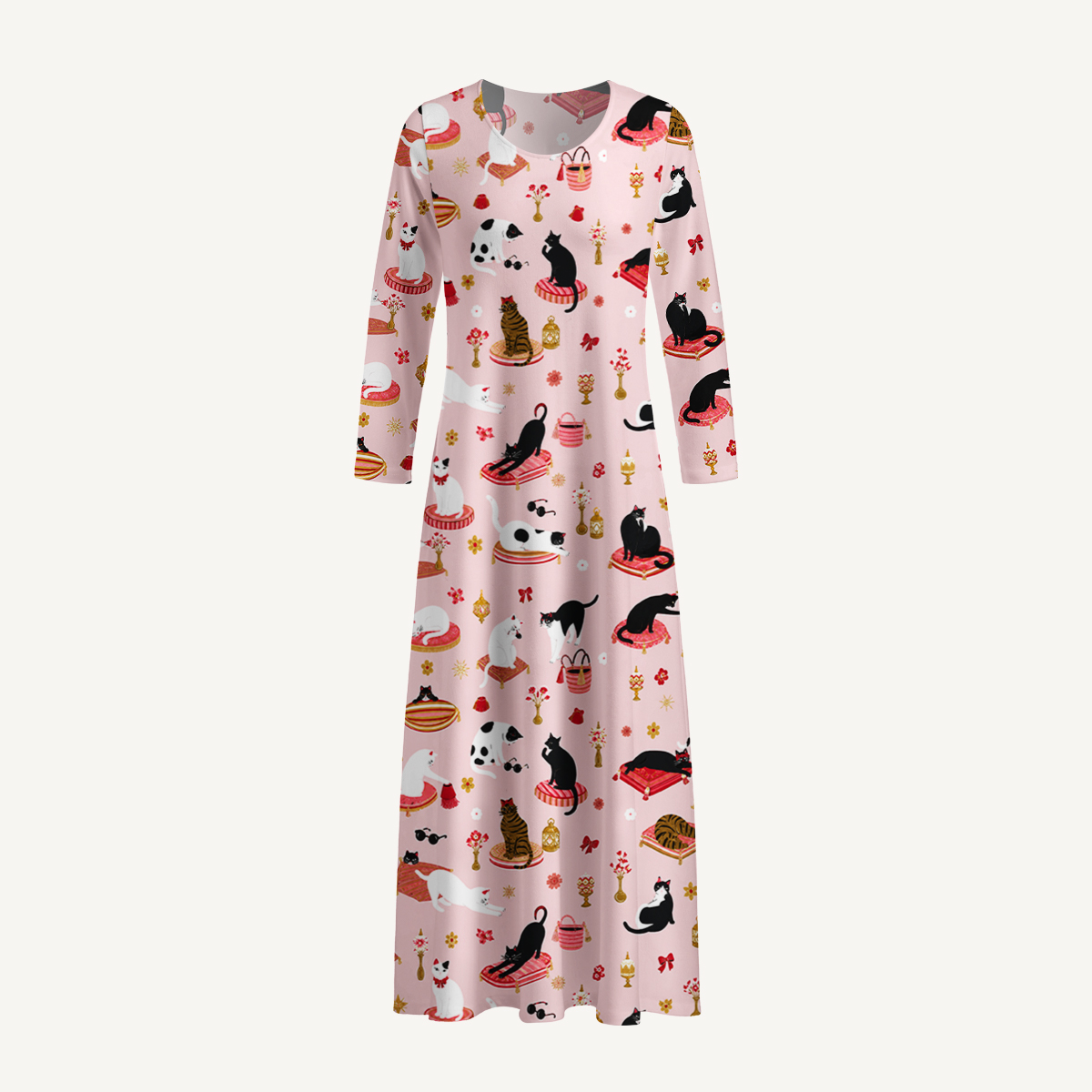Whimsical Cat Lounge Long Sleeve Maxi Dress with Pockets