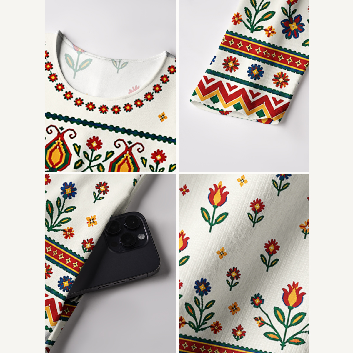 Scandinavian Folk Horse & Tulip Long Sleeve Maxi Dress with Pockets