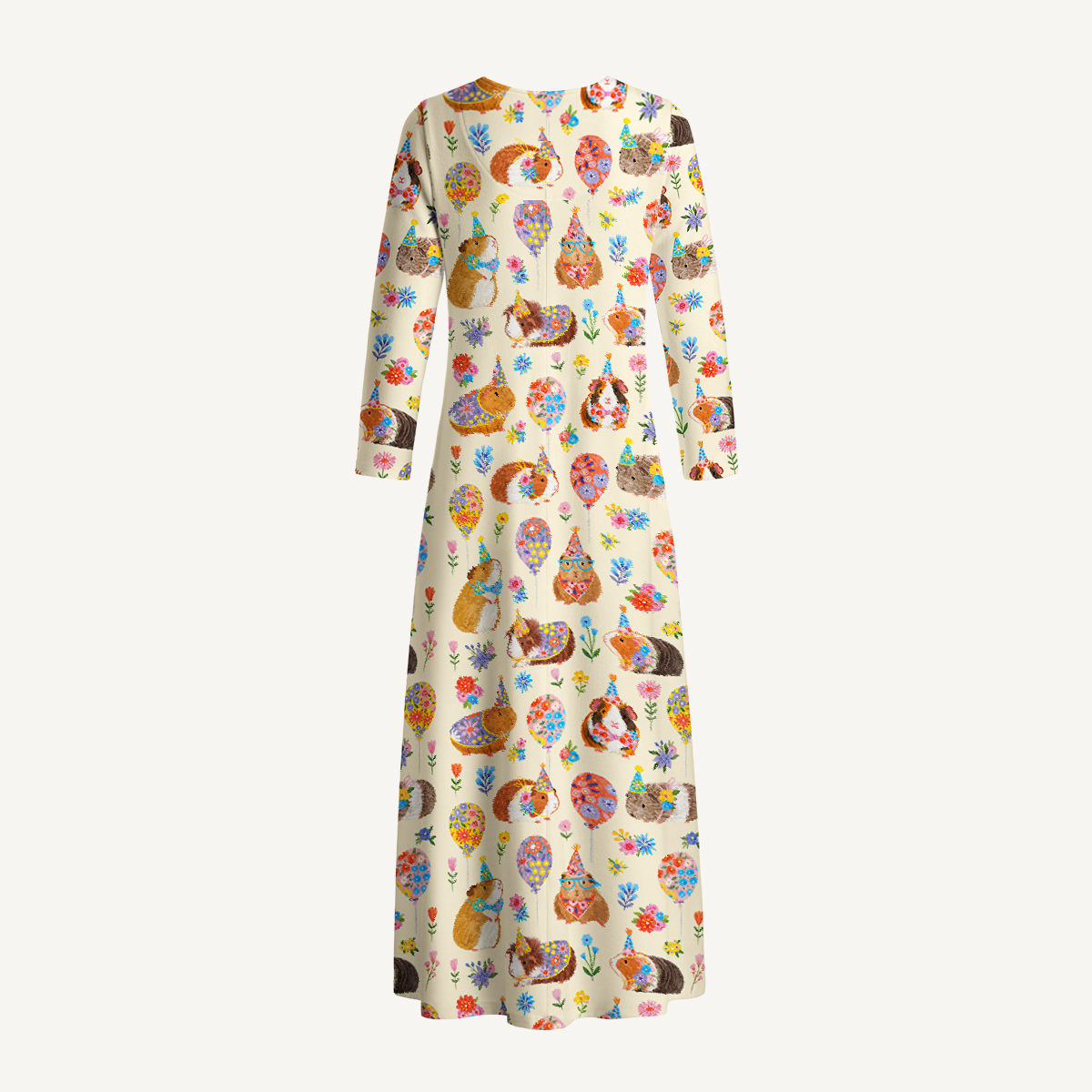 Guinea Pig Garden Party Print Soft-Touch Stretch Knit Long Sleeve Maxi Dress with Pockets