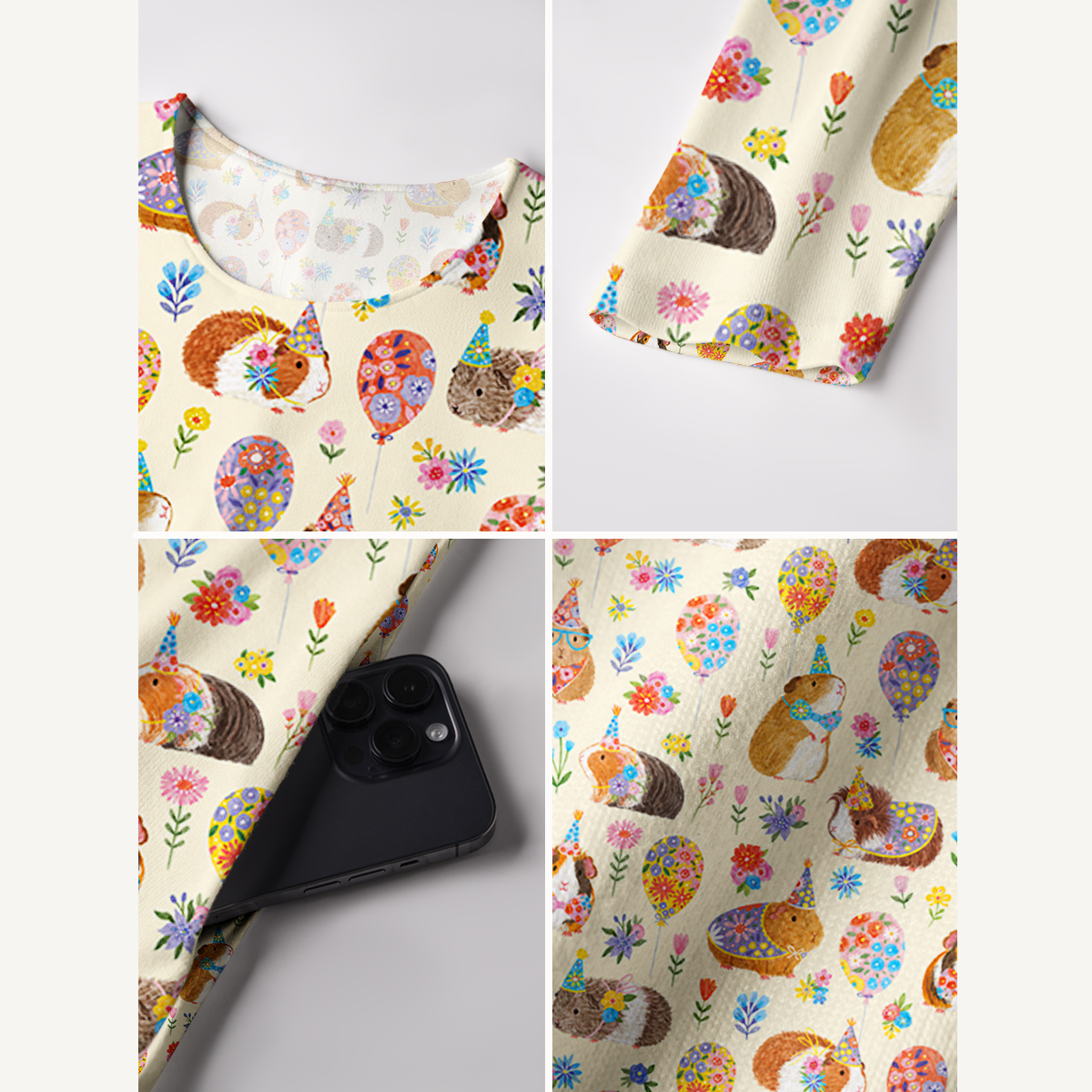 Guinea Pig Garden Party Print Soft-Touch Stretch Knit Long Sleeve Maxi Dress with Pockets