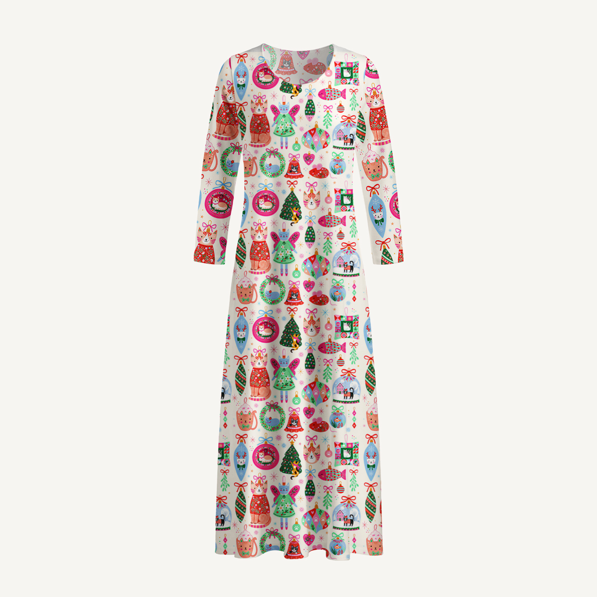 Christmas Cat Ornament Print Soft-Touch Stretch Knit Long Sleeve Maxi Dress with Pockets