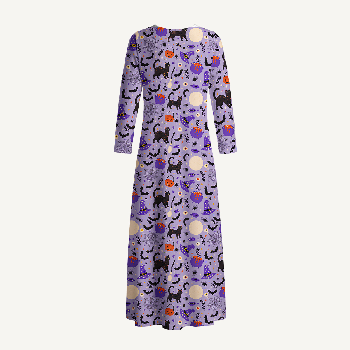 Moonlit Whiskers Print Soft-Touch Stretch Knit Long Sleeve Maxi Dress with Pockets