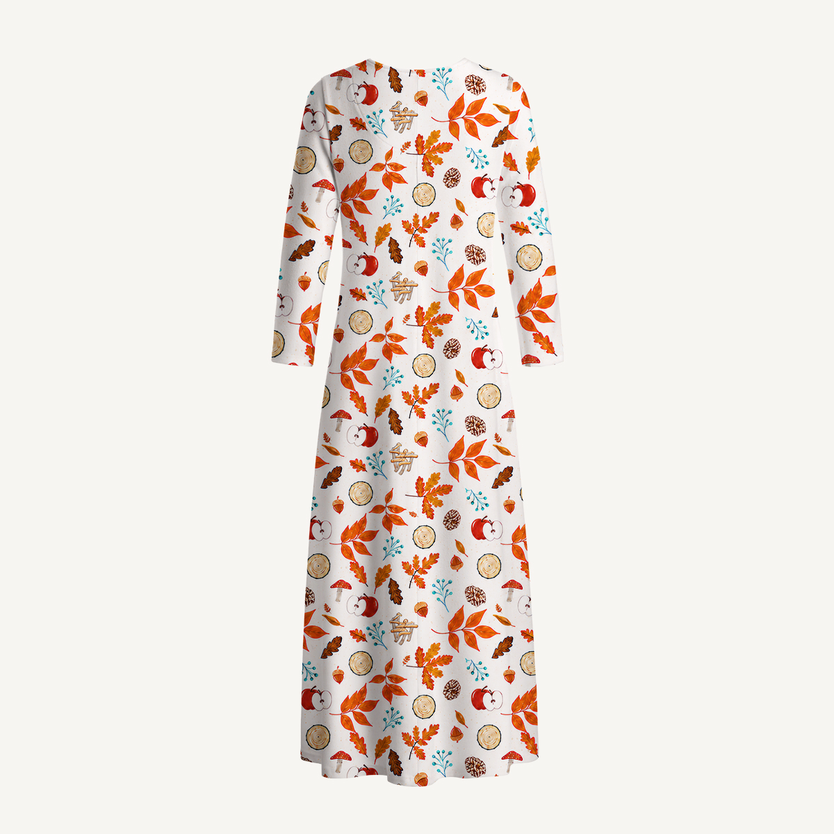 Acorn & Apple Autumn Woods Print Soft-Touch Stretch Knit Long Sleeve Maxi Dress with Pockets
