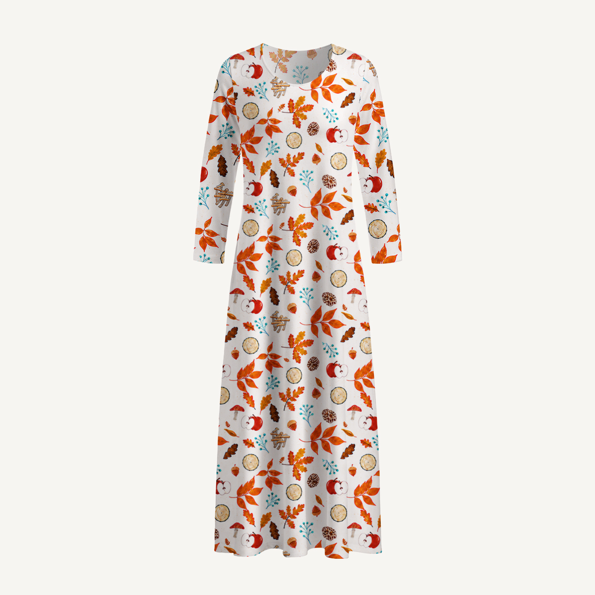 Acorn & Apple Autumn Woods Print Soft-Touch Stretch Knit Long Sleeve Maxi Dress with Pockets