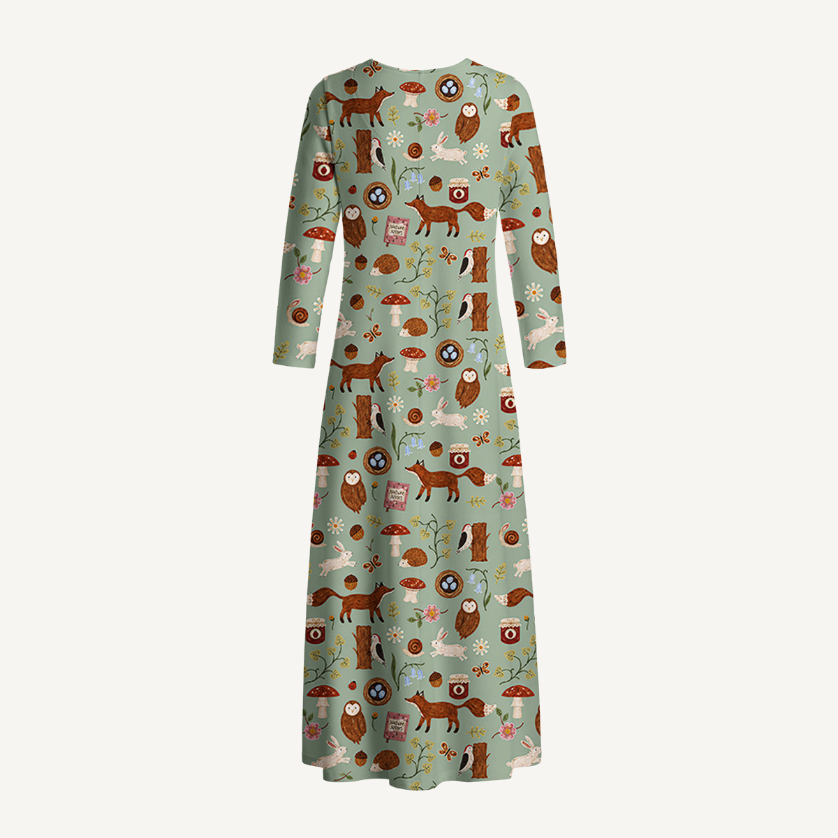 Woodland Nature Notes Print Soft-Touch Stretch Knit Long Sleeve Maxi Dress with Pockets