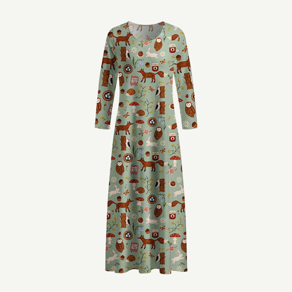 Woodland Nature Notes Print Soft-Touch Stretch Knit Long Sleeve Maxi Dress with Pockets