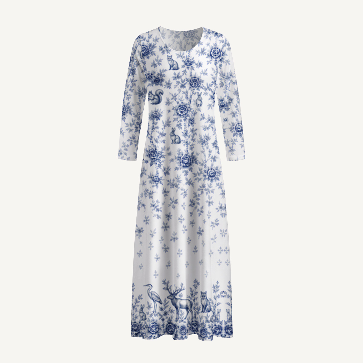 Delft Blue Woodland Story Print Soft-Touch Stretch Knit Long Sleeve Maxi Dress with Pockets