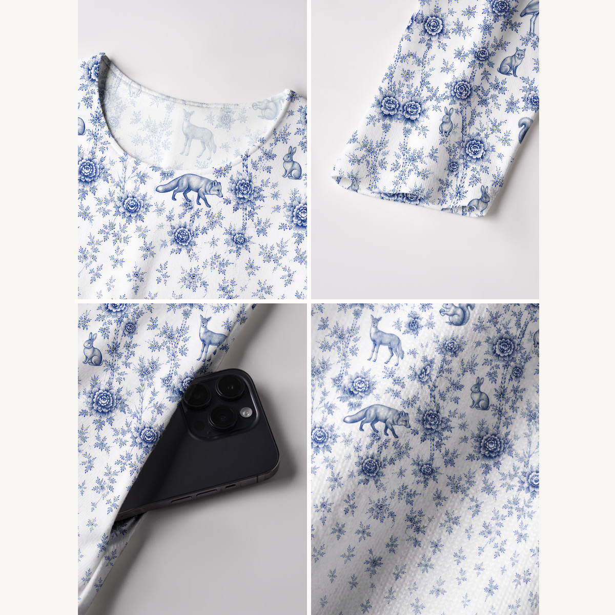 Delft Blue Woodland Story Print Soft-Touch Stretch Knit Long Sleeve Maxi Dress with Pockets