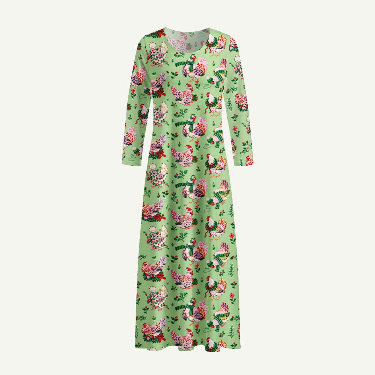Christmas Chickens Holiday Garden Print Soft-Touch Stretch Knit Long Sleeve Maxi Dress with Pockets