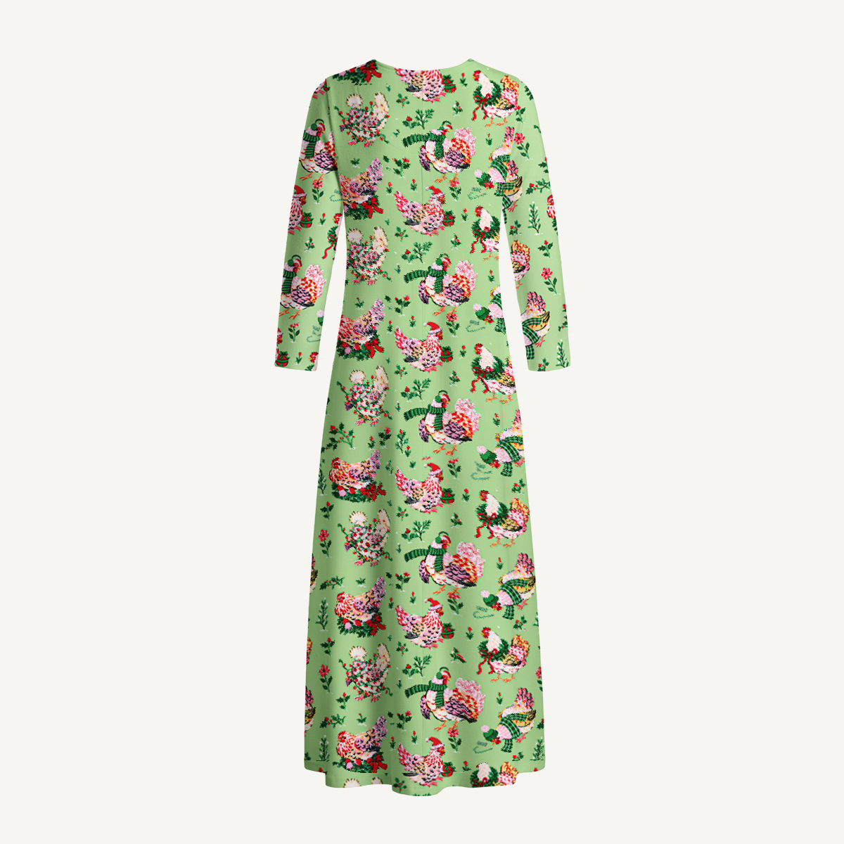 Christmas Chickens Holiday Garden Print Soft-Touch Stretch Knit Long Sleeve Maxi Dress with Pockets