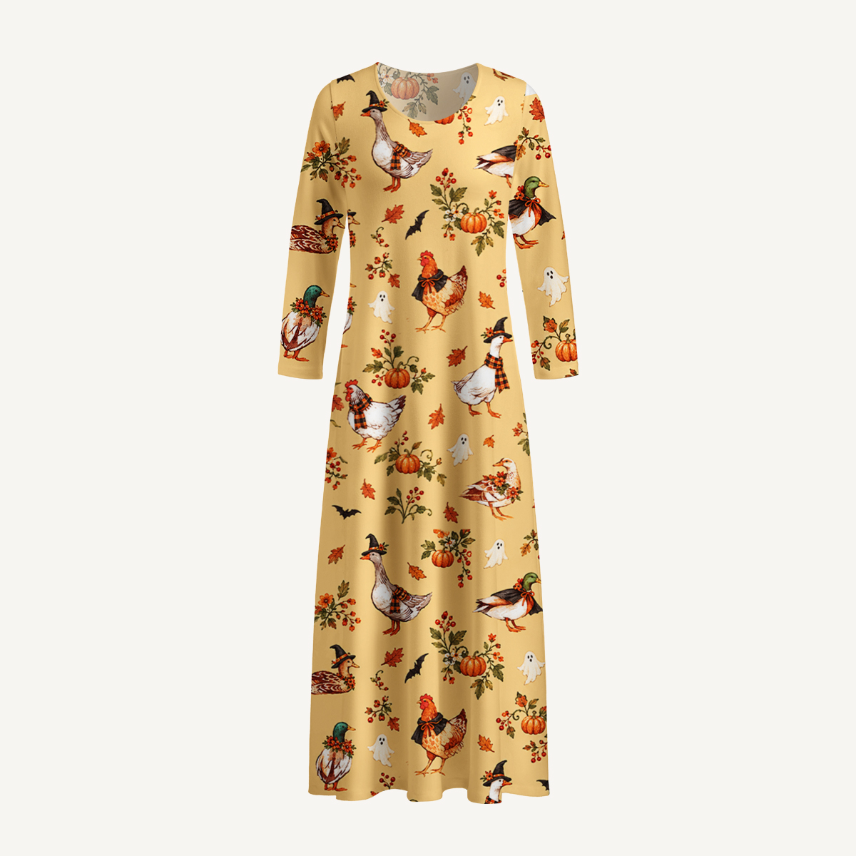 Whimsical Halloween Duck & Chicken Long Sleeve Maxi Dress with Pockets