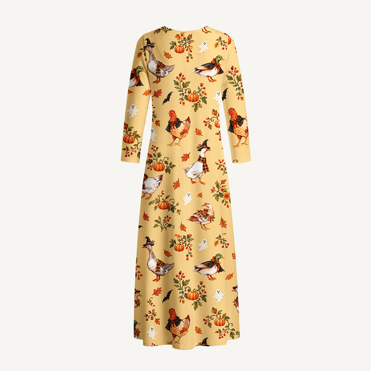 Whimsical Halloween Duck & Chicken Long Sleeve Maxi Dress with Pockets