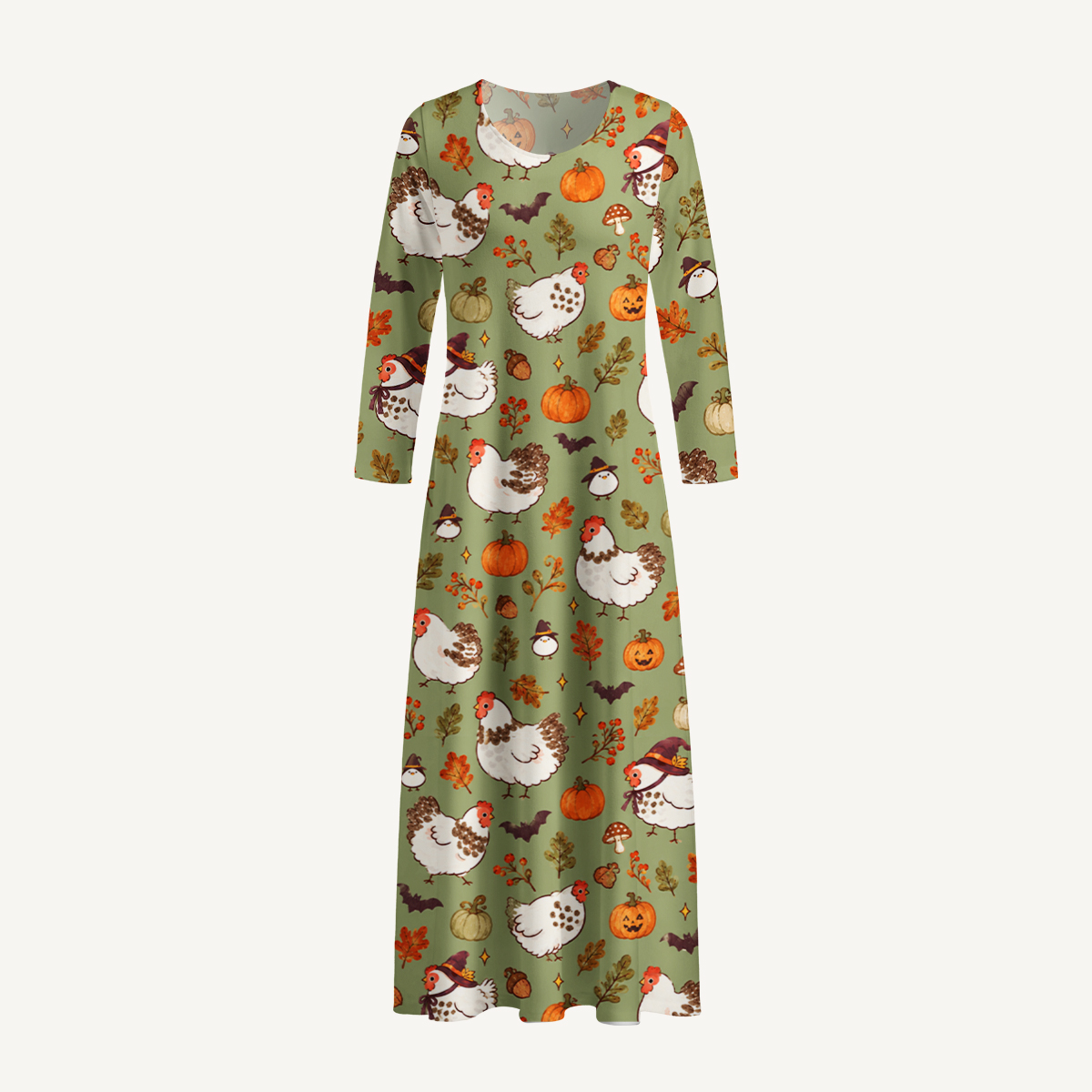 Cozy Autumn Chicken & Pumpkin Long Sleeve Maxi Dress with Pockets