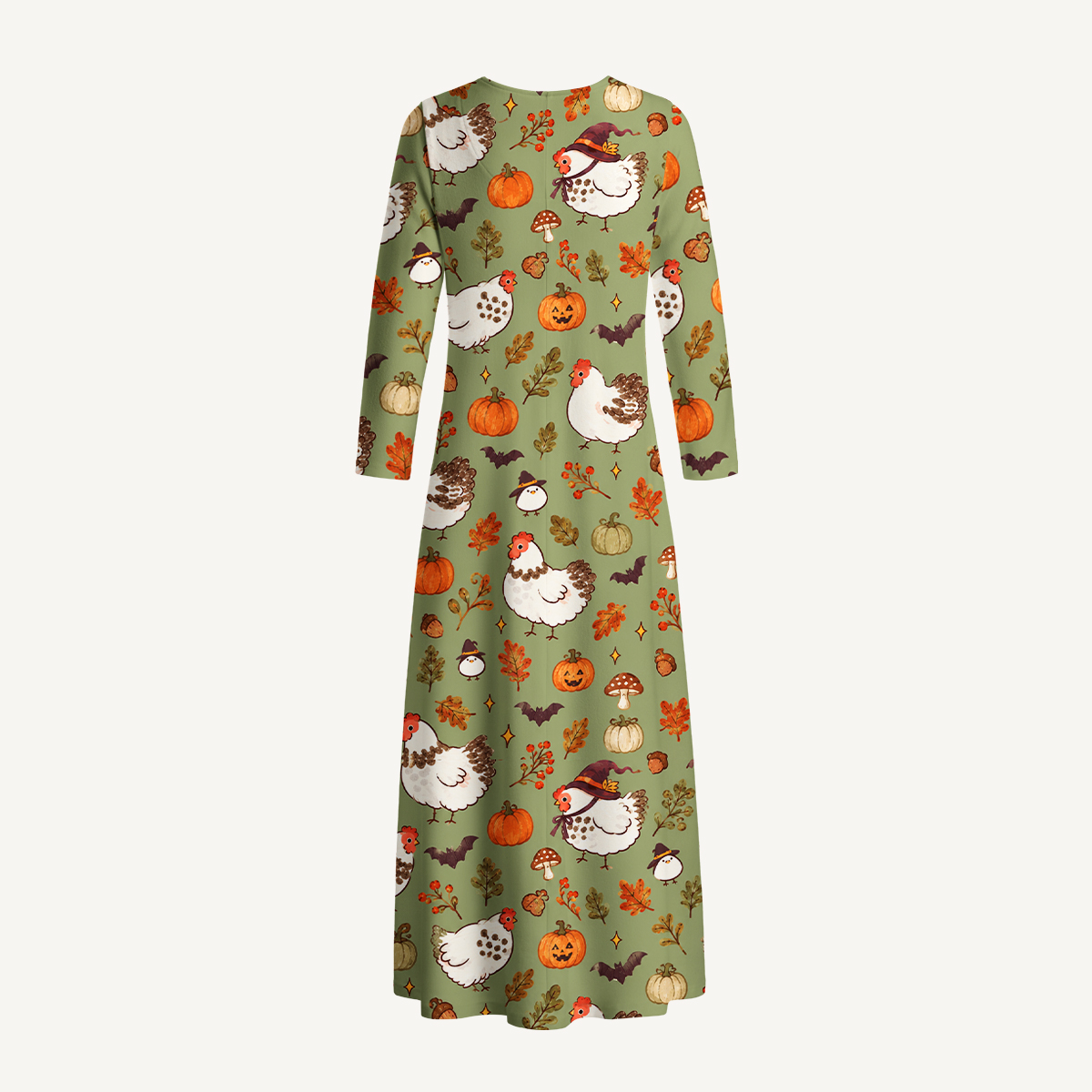 Cozy Autumn Chicken & Pumpkin Long Sleeve Maxi Dress with Pockets