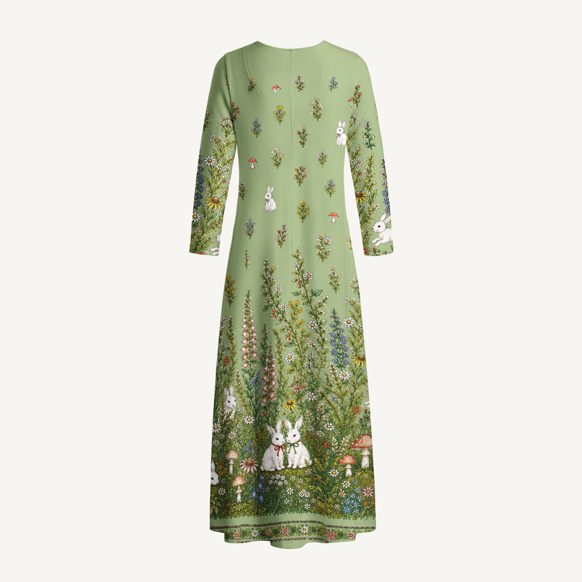 Bunny Meadow Garden Print Soft-Touch Stretch Knit Long Sleeve Maxi Dress with Pockets