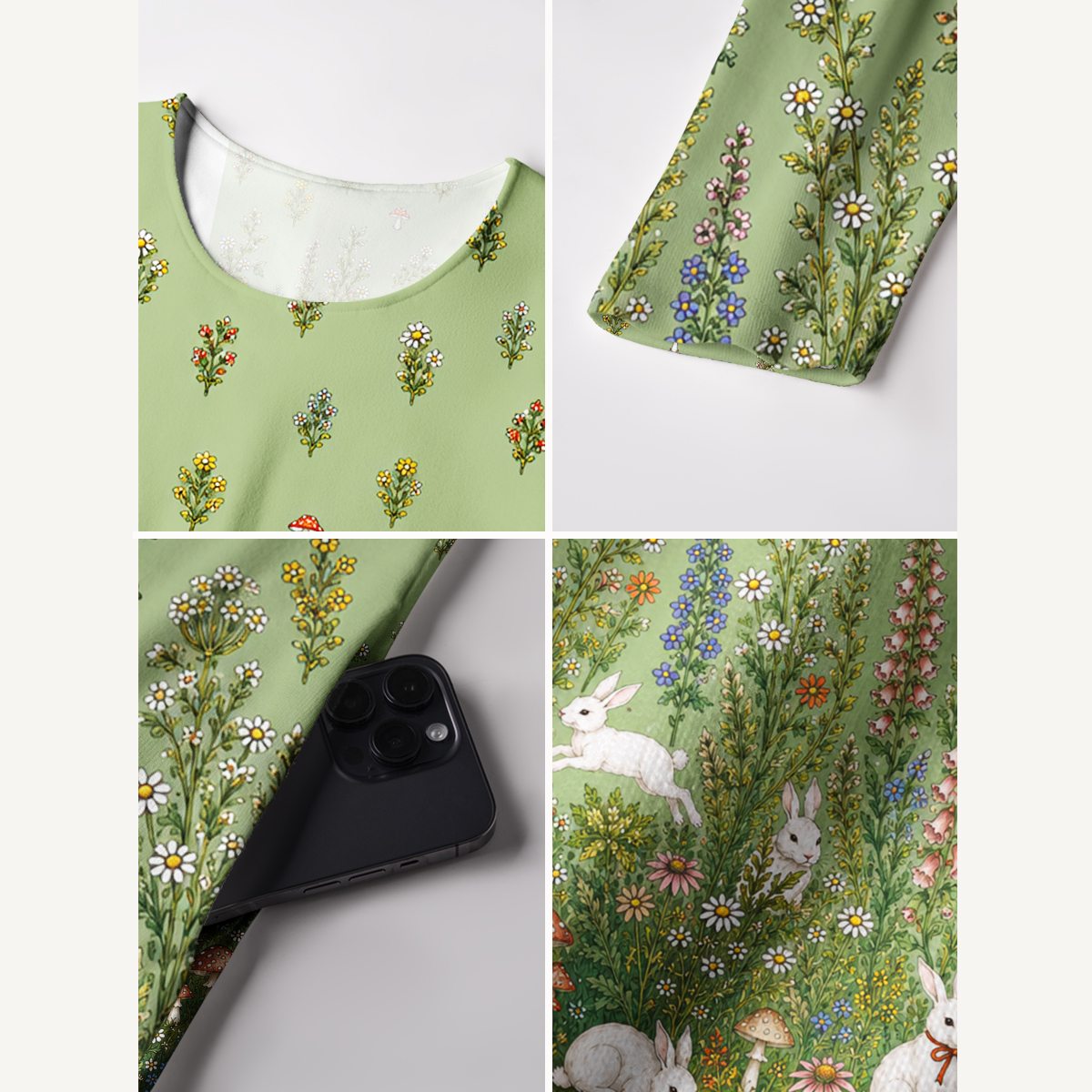 Bunny Meadow Garden Print Soft-Touch Stretch Knit Long Sleeve Maxi Dress with Pockets