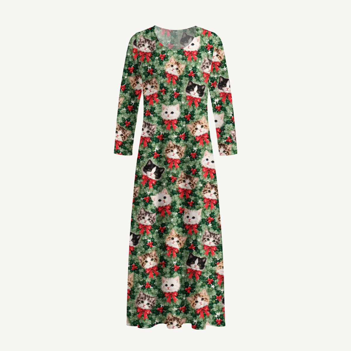 Holly Jolly Christmas Cats Print Soft-Touch Stretch Knit Long Sleeve Maxi Dress with Pockets