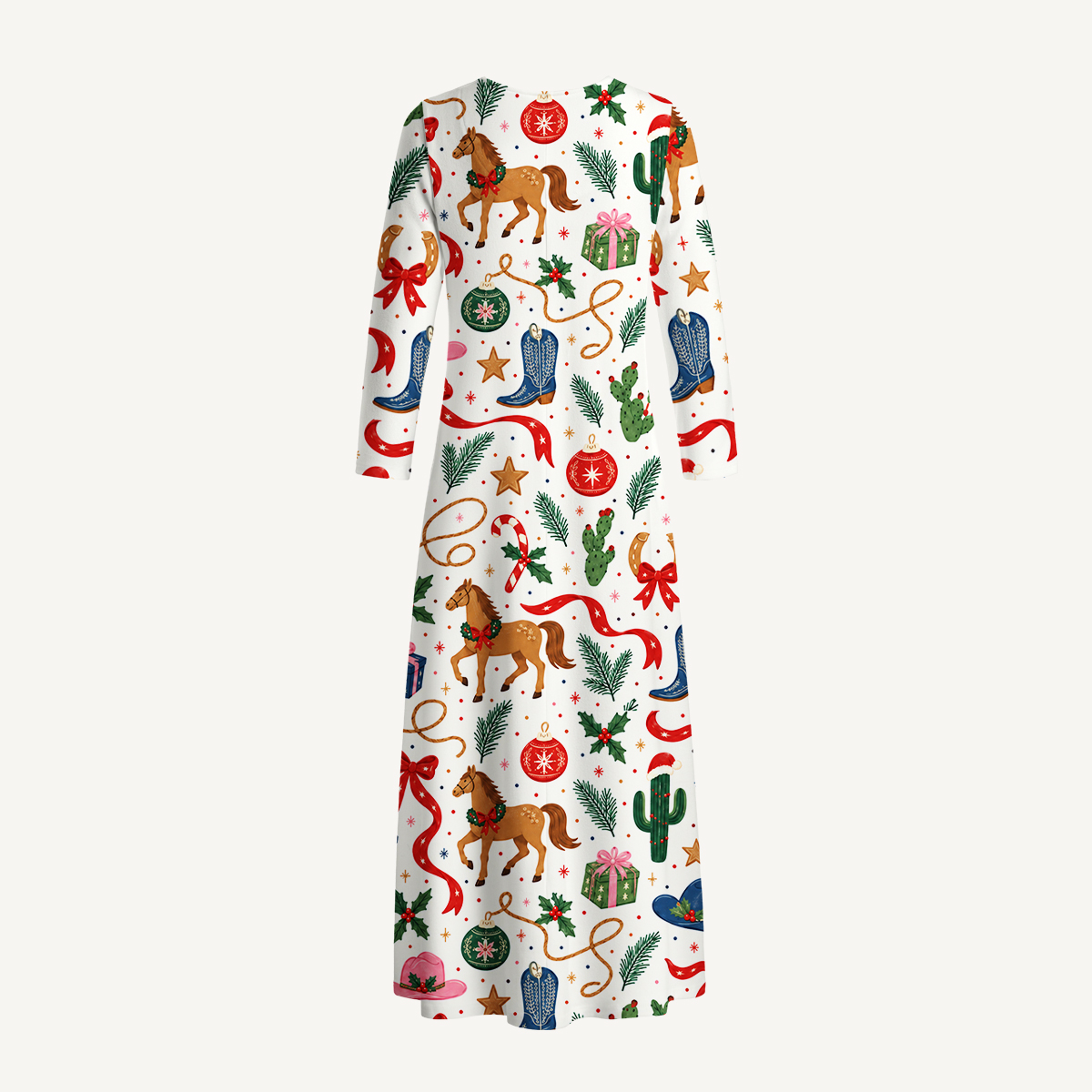 Western Christmas Rodeo Print Soft-Touch Stretch Knit Long Sleeve Maxi Dress with Pockets