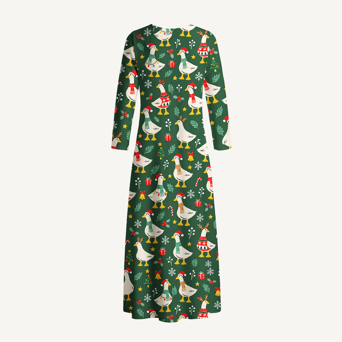 Christmas Goose Parade Print Soft-Touch Stretch Knit Long Sleeve Maxi Dress with Pockets