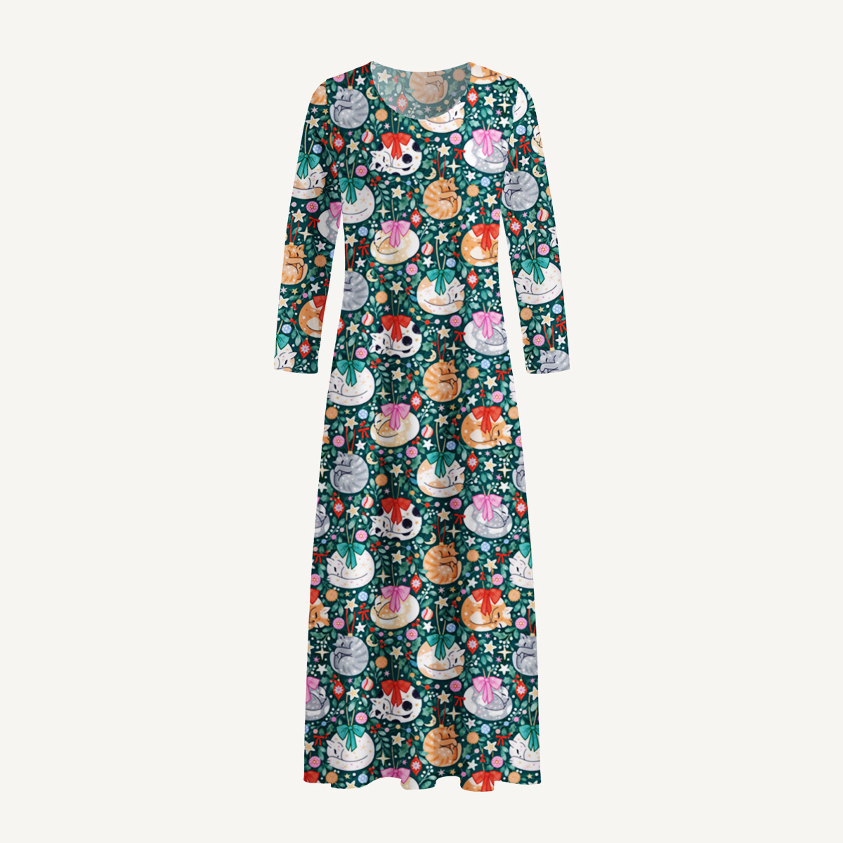Whimsical Sleeping Cats Print Soft-Touch Stretch Knit Long Sleeve Maxi Dress with Pockets