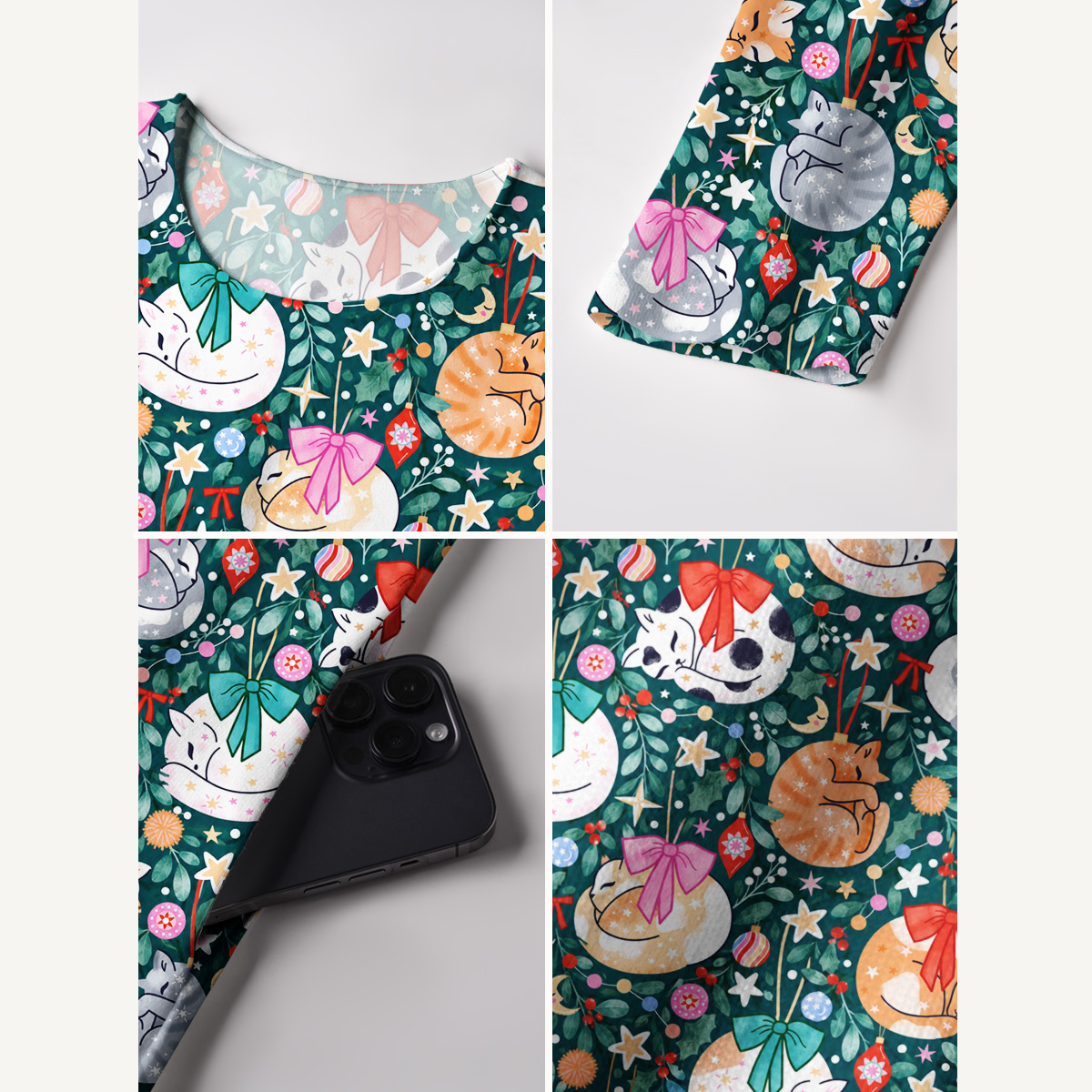 Whimsical Sleeping Cats Print Soft-Touch Stretch Knit Long Sleeve Maxi Dress with Pockets