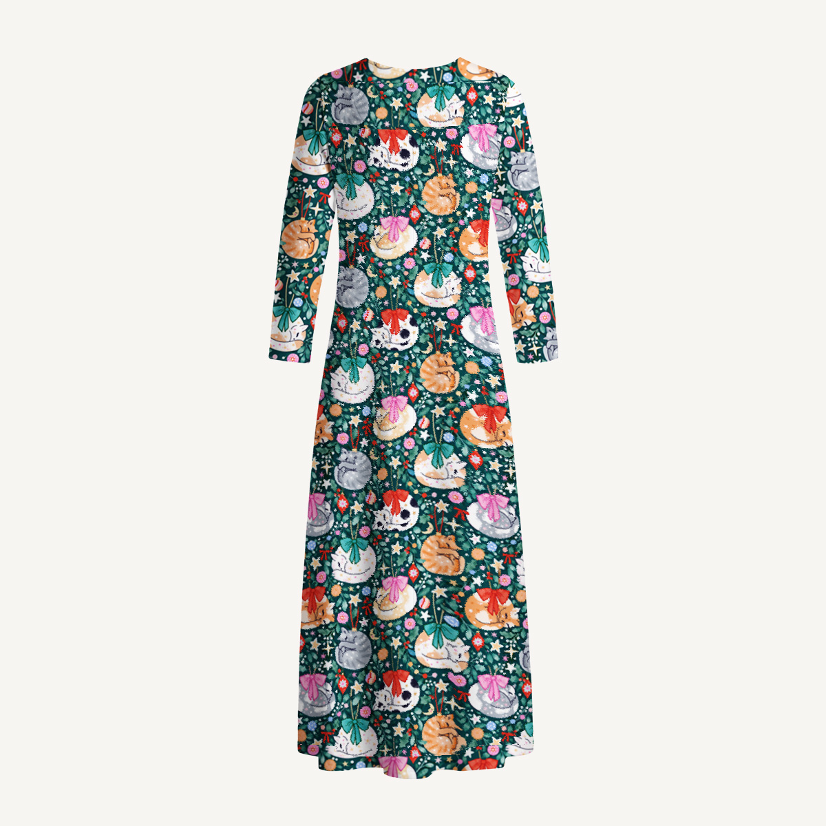 Whimsical Sleeping Cats Print Soft-Touch Stretch Knit Long Sleeve Maxi Dress with Pockets