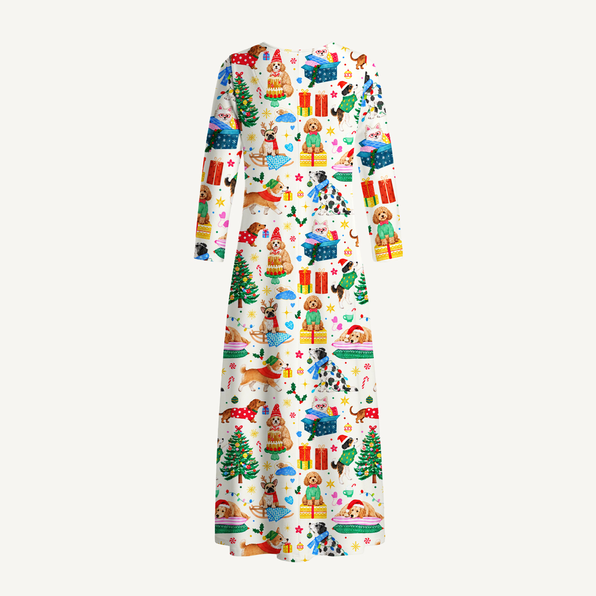 Christmas Dogs & Gifts Print Soft-Touch Stretch Knit Long Sleeve Maxi Dress with Pockets