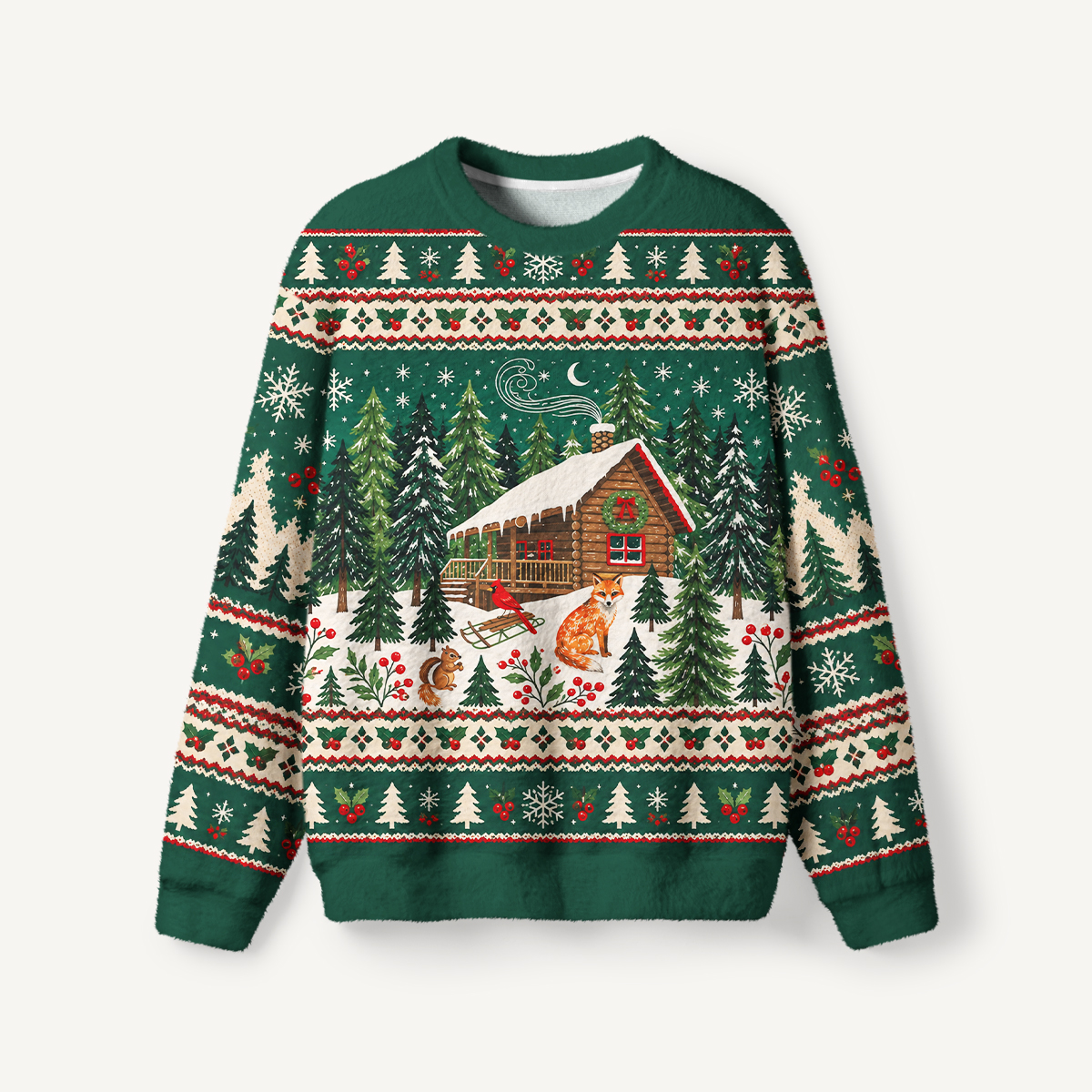 Christmas Cabin & Woodland Animals Fuzzy Crewneck Sweater