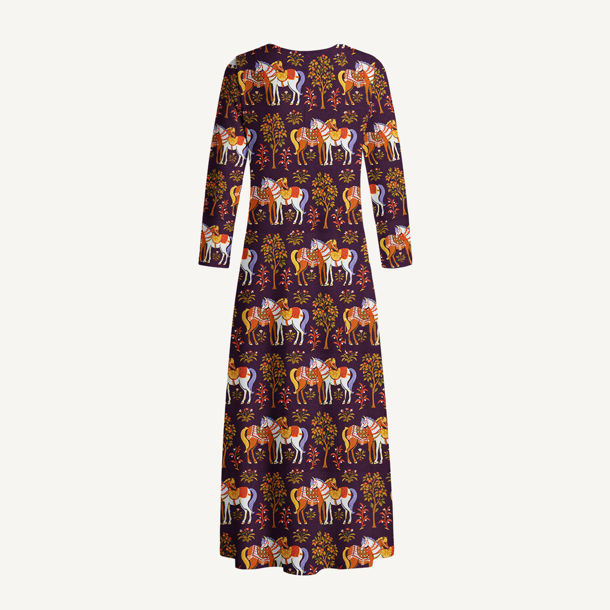 Bohemian Equestrian Horse Long Sleeve Maxi Dress with Pockets