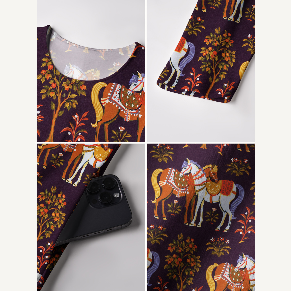 Bohemian Equestrian Horse Long Sleeve Maxi Dress with Pockets