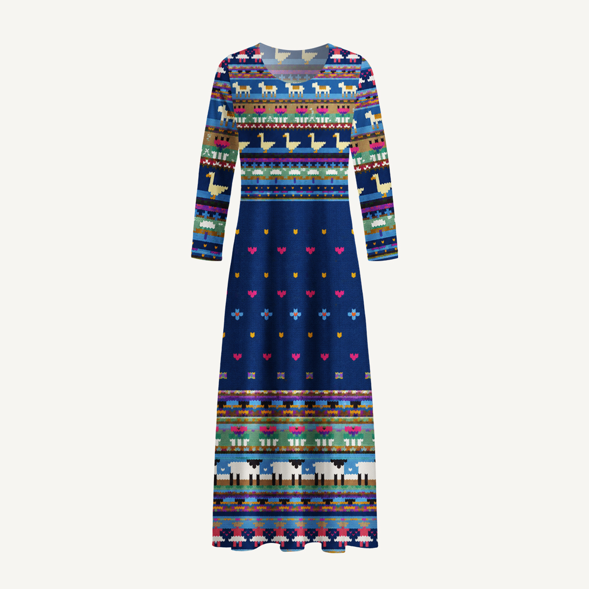 Colorful Folk Farm Horse Goose & Sheep Long Sleeve Maxi Dress with Pockets