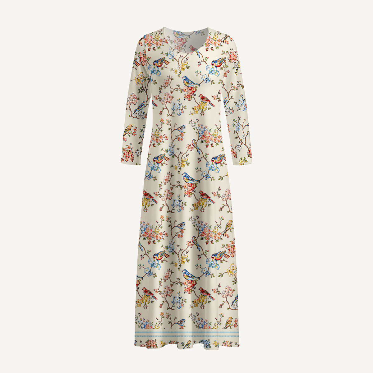 Vintage Floral Songbirds Print Soft-Touch Stretch Knit Long Sleeve Maxi Dress with Pockets