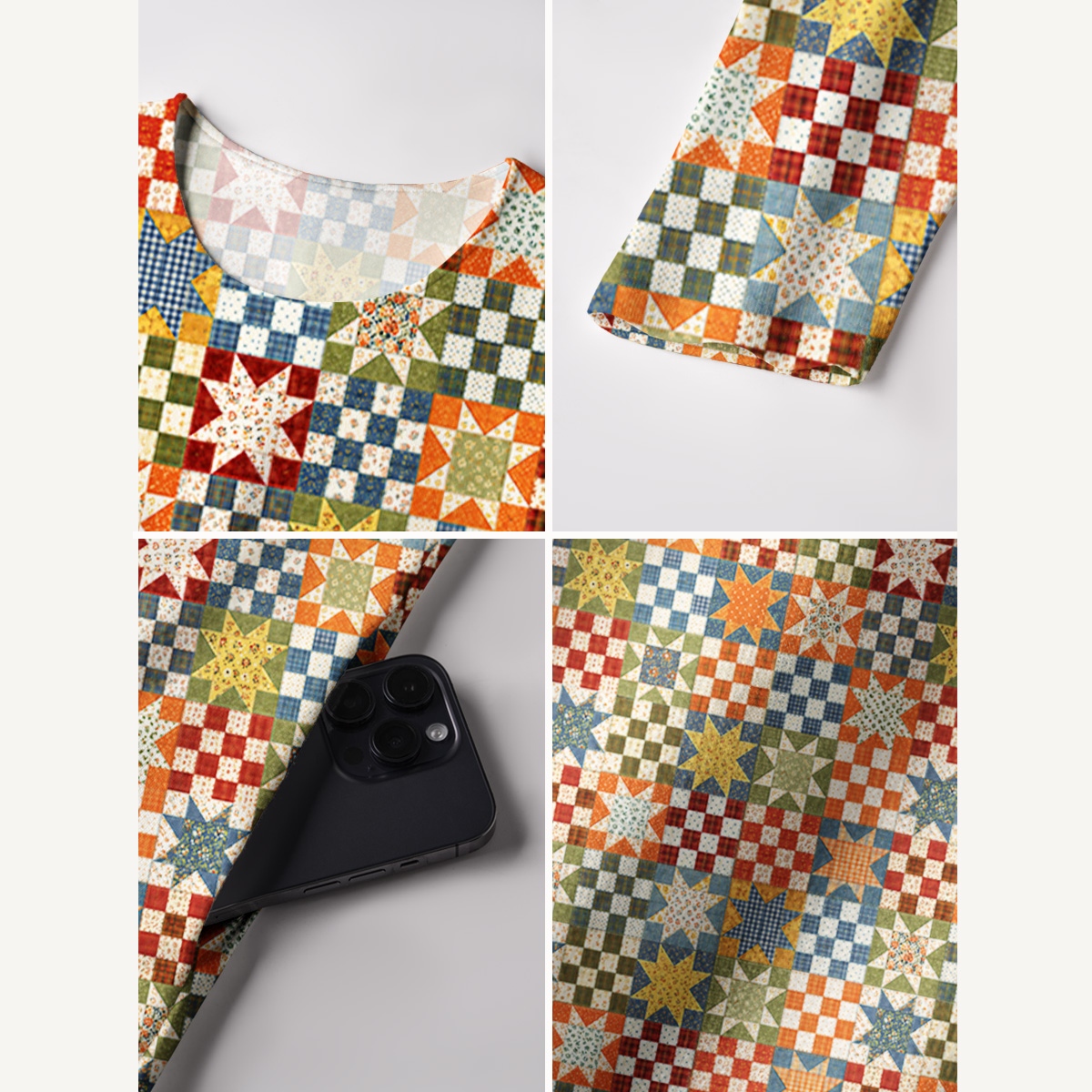 Vintage Star Quilt Patchwork Print Soft-Touch Stretch Knit Long Sleeve Maxi Dress with Pockets
