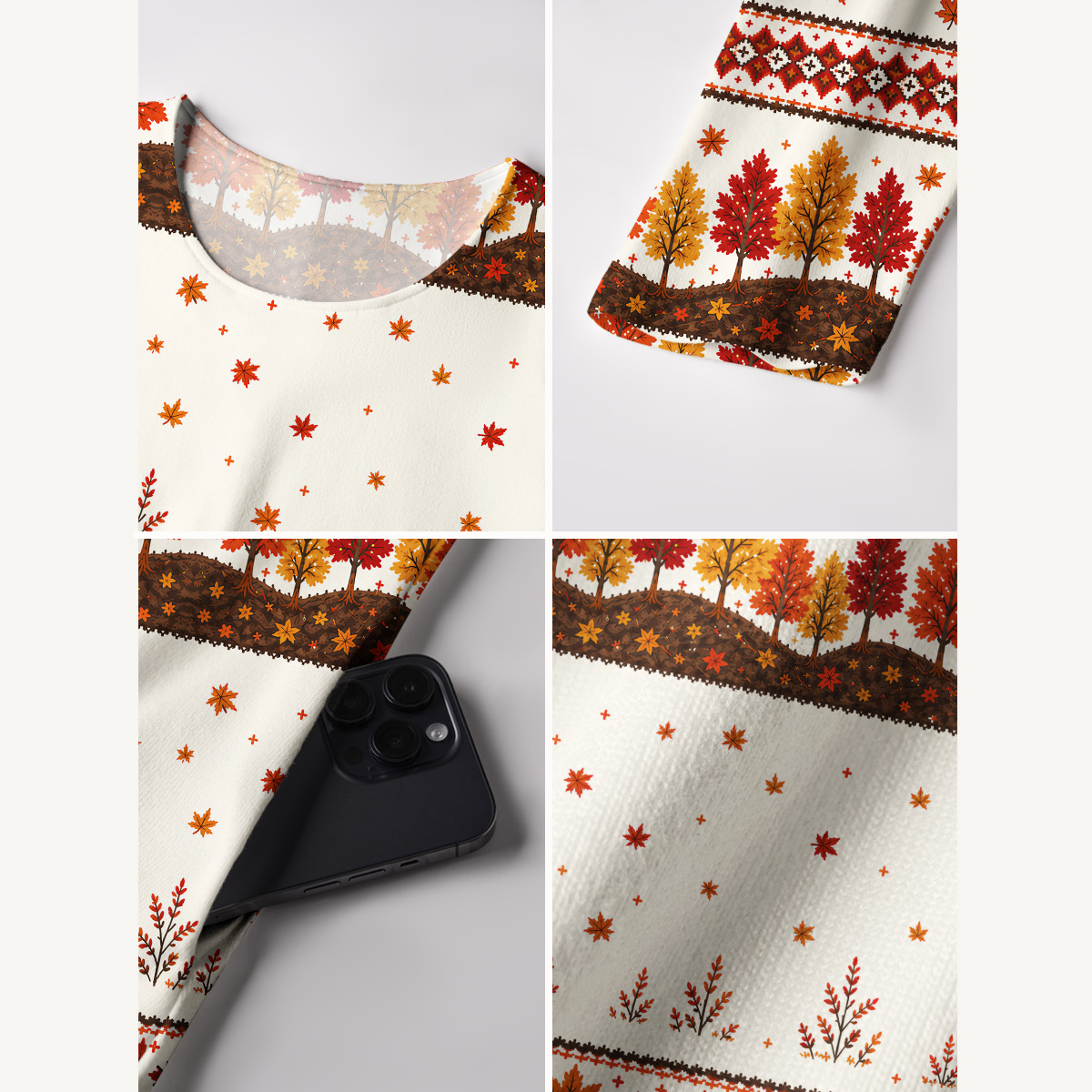 Autumn Forest Fox Print Soft-Touch Stretch Knit Long Sleeve Maxi Dress with Pockets