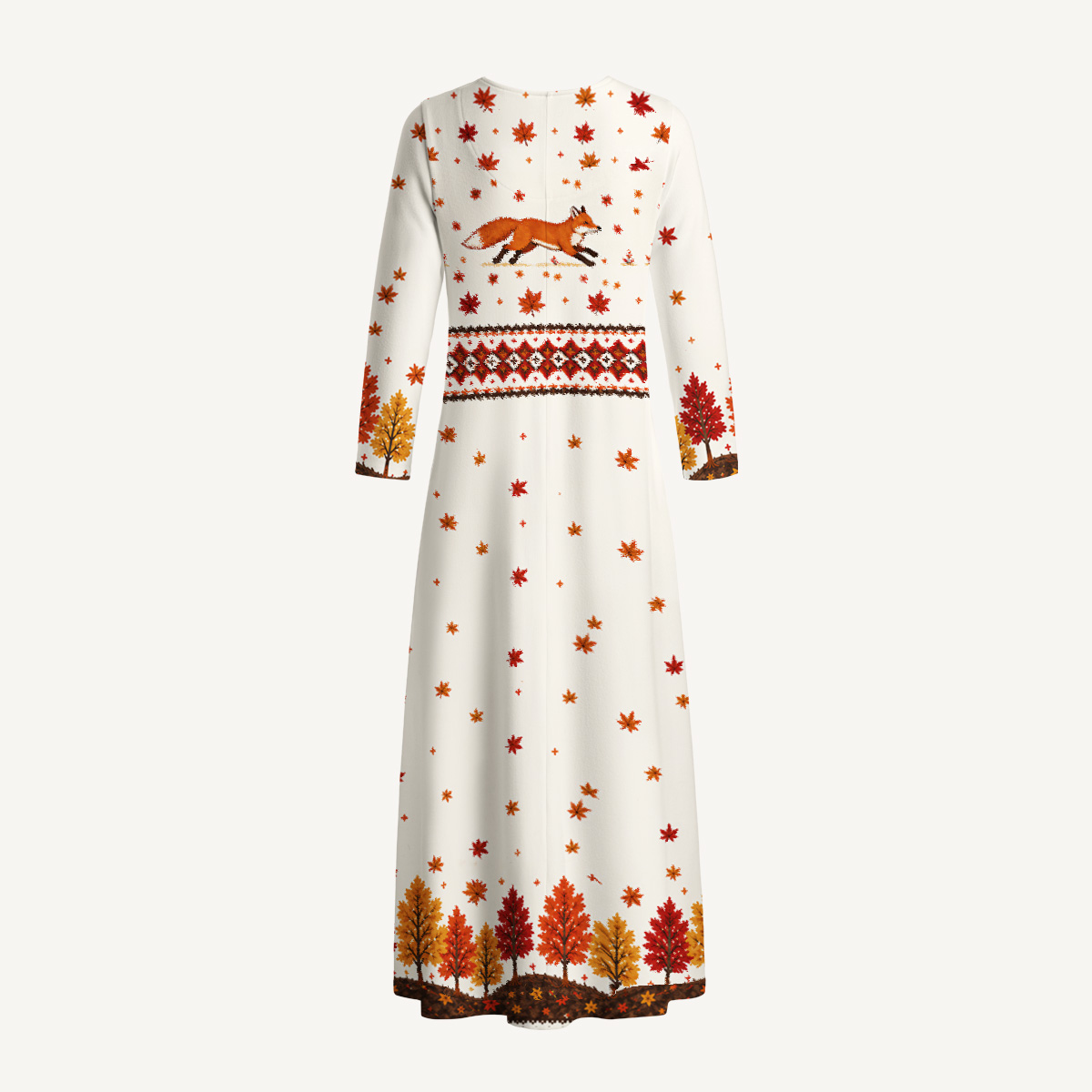 Autumn Forest Fox Print Soft-Touch Stretch Knit Long Sleeve Maxi Dress with Pockets
