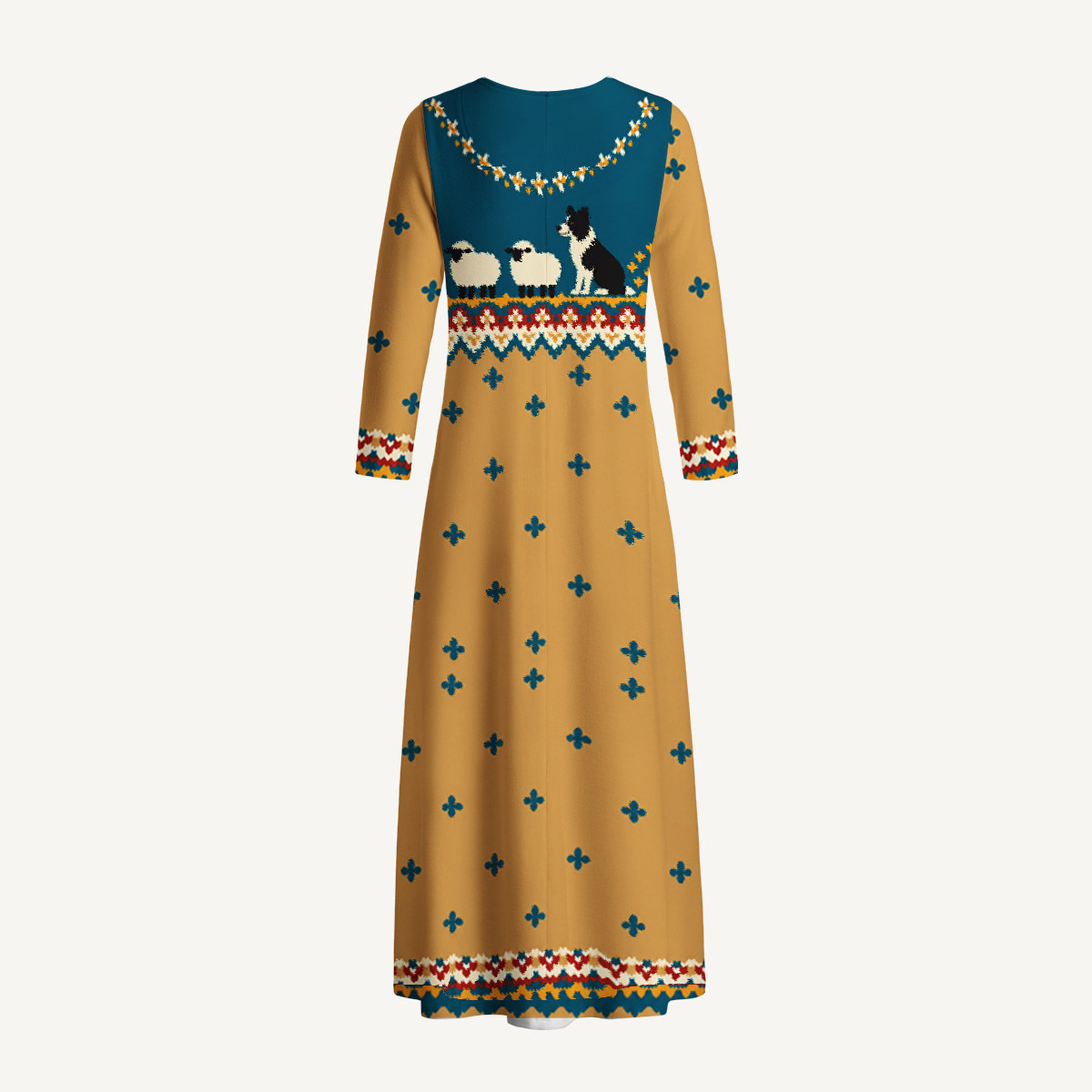 Pastoral Sheep & Sheepdog Print Soft-Touch Stretch Knit Long Sleeve Maxi Dress with Pockets
