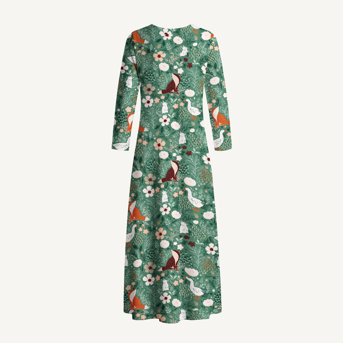 Woodland Fox, Goose & Mouse Floral Print Soft-Touch Stretch Knit Long Sleeve Maxi Dress with Pockets